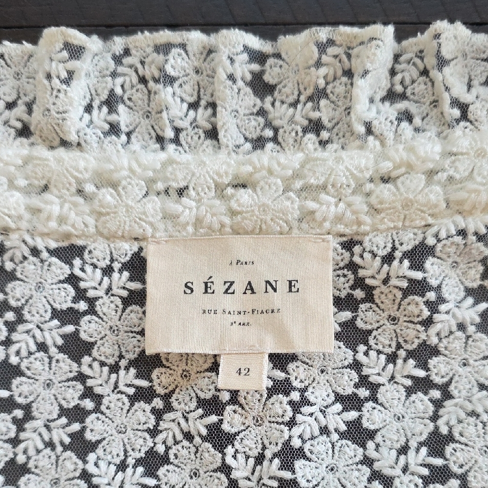 Sezane Cathy Ecru Lace Blouse Ruffle Stand Collar Cream Long Sleeve Button Down - Picture 4 of 11